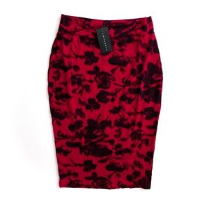 Bryn Walker Nwt Sloan Viscose Jersey Dragon Red Floral Print Pencil Skirt